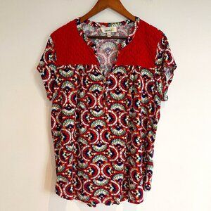 Porridge Anthropologie Women Red Print Short Sleeve Ruched Blouse Size Large